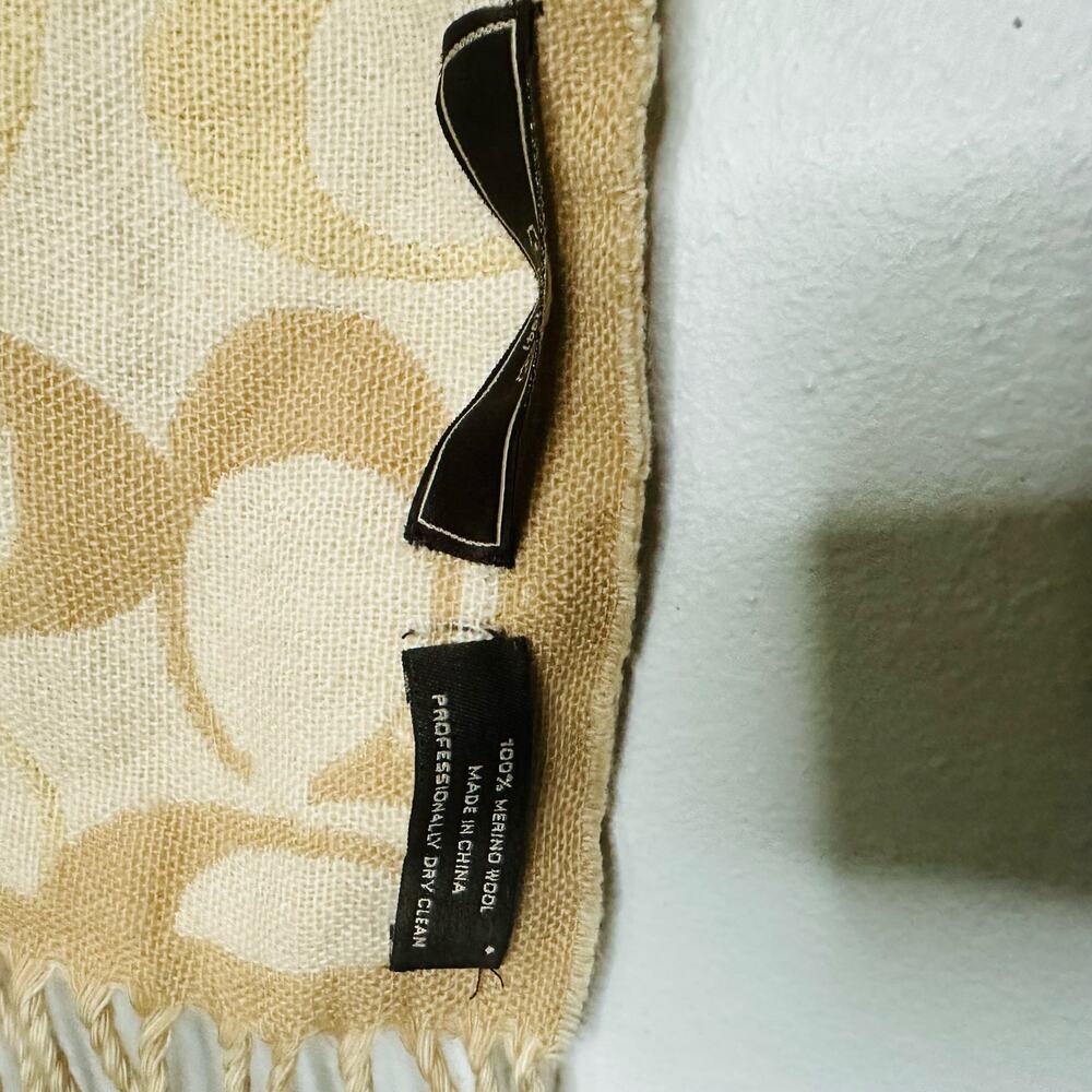 COACH Tan Ivory C Monogram 100% Merino Wool Fringe Detail Wool Winter Scarf - Picture 7 of 8